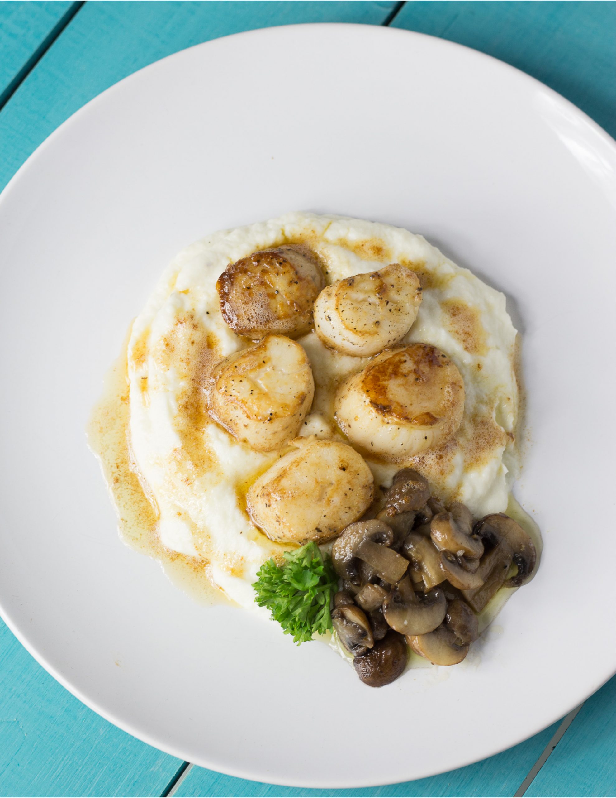 Vieiras (Scallops) a la Plancha sobre Puré de Coliflor y Mantequilla