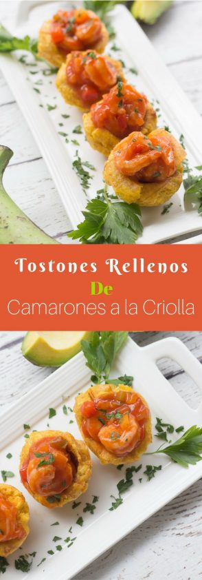 Receta de Tostones (Patacones) Rellenos de Camarones a la Criolla estilo Ensalpicadas.